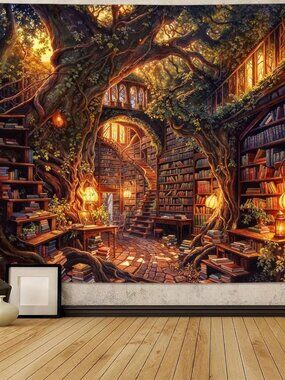 Forest Library Tapestry Tree Bookshelf Tapestries Wall Hanging Vintage Fantasy F